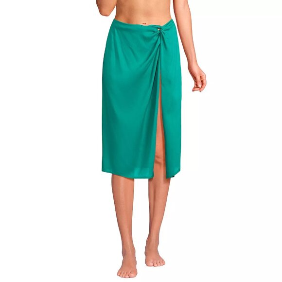 Lands' End Women's Sheer Twist‎ Front Knee Length Swim Cover-up Skirt Island - Picture 1 of 9